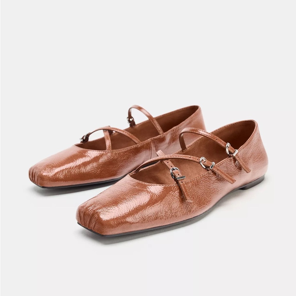 Zara LEATHER SQUARE TOE BALLET FLATS